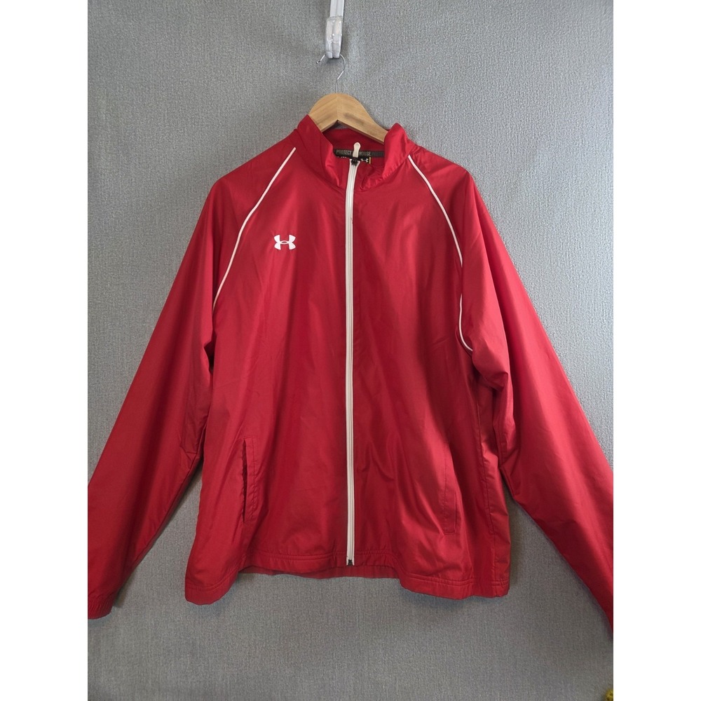 Under Armour Track Jacket Mens XL Loose Fit Red White Active Full Zip Logo